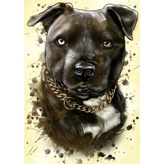 portrait artistique d'un chien noir avec chaîne dorée sur fond jaune crème