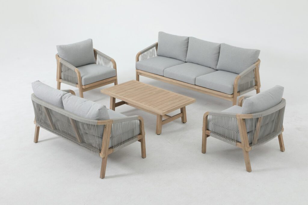 ensemble de meubles de jardin modernes en bois et rotin avec coussins gris