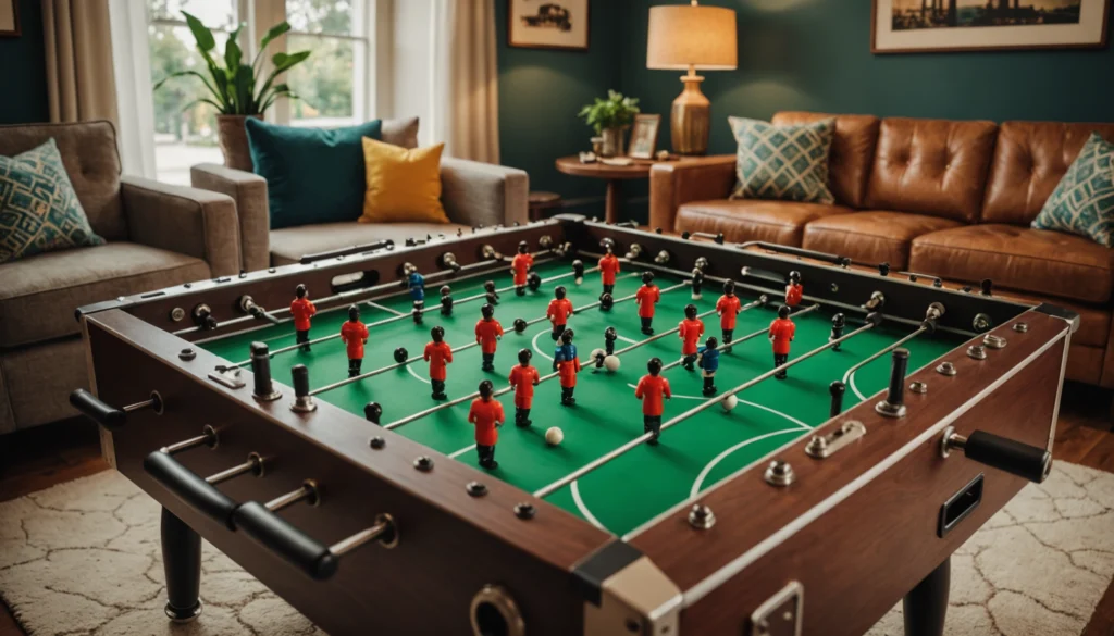baby-foot rétro en bois dans un salon moderne aux teintes vertes et marron