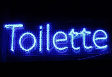 Bright blue neon 'Toilette' sign in Budapest with digital background, perfect for tech-inspired decor.