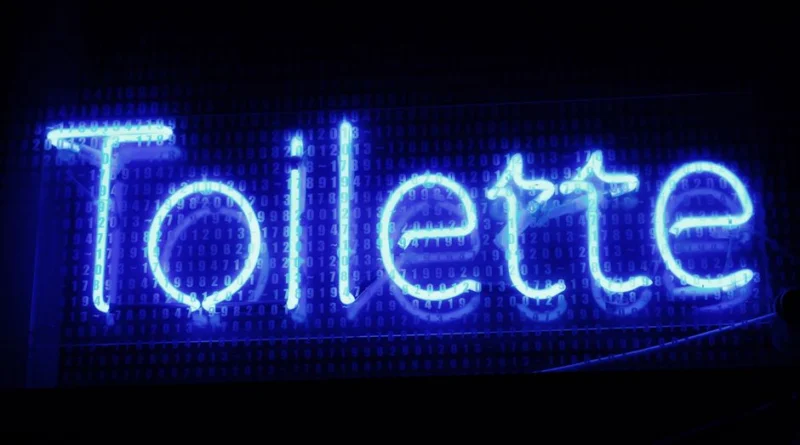 Bright blue neon 'Toilette' sign in Budapest with digital background, perfect for tech-inspired decor.