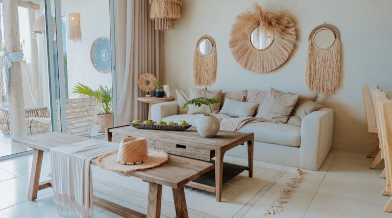 A stylish, neutral-toned living room is shown.