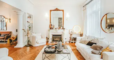 A cozy living room in Angers, France with a stylish fireplace and white furniture.