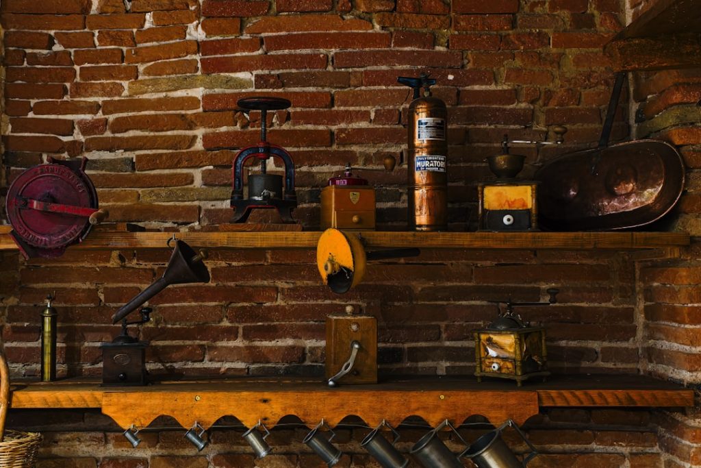 a brick wall with a bunch of items on it
