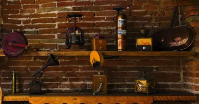a brick wall with a bunch of items on it