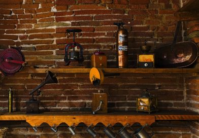 a brick wall with a bunch of items on it