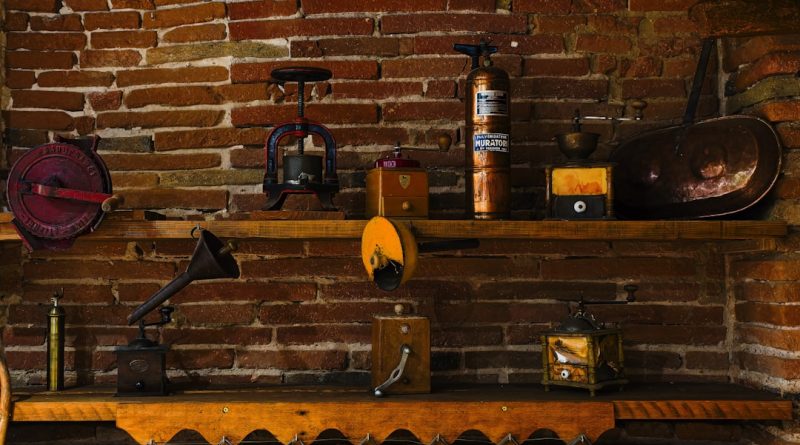 a brick wall with a bunch of items on it