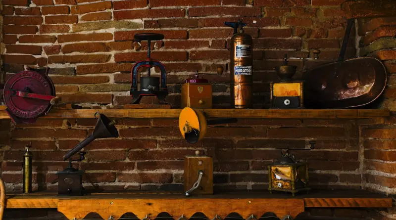 a brick wall with a bunch of items on it